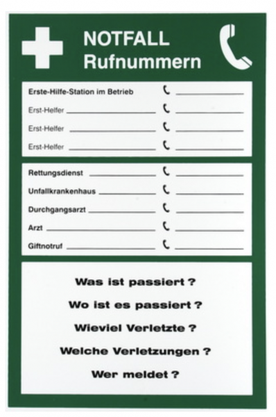 Schild Erste Hilfe Unfall Notfall Telefonnummer verhalten bei Unfällen 20x30 cm